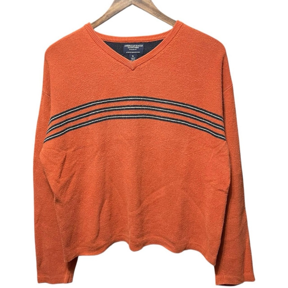 3 Horizontal Striped Orange American Eagle Vintage 90s 2000s V-Neck Sweater top